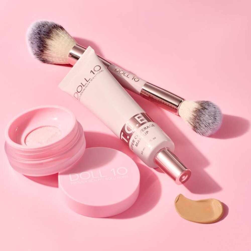 Doll 10 Super-Size TCE Foundation, Pink Powder,and Brush 3pc S Light Medium